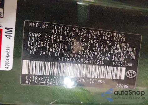 2011 Toyota Camry Se/Le/Xle z USA, uszkodzony, nr VIN 4T4BF3EK0BR149640